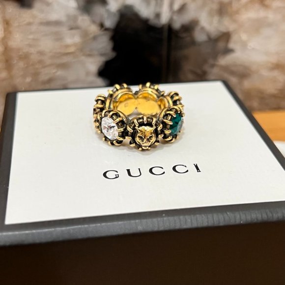 Gucci Aged Gold Tiger Head Multicolor Stones Infinity Stones Thanos Ring - Picture 1 of 15